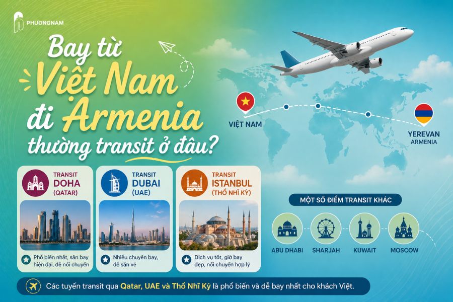 Bay từ Việt Nam đi Armenia thường transit phổ biến ở 3 điểm